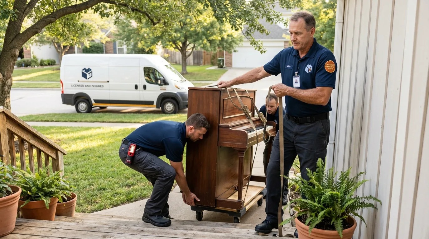 Licensed piano movers securing grand piano in Star City, AR