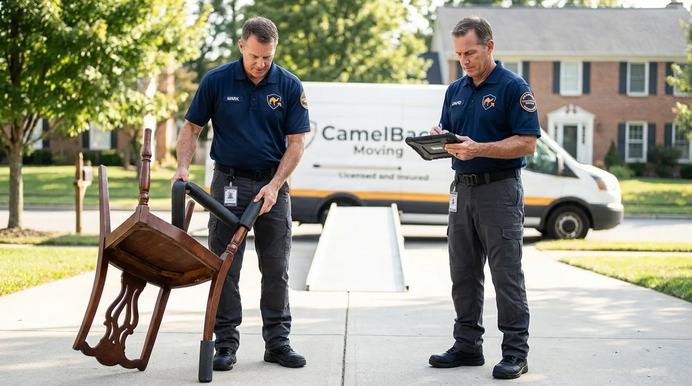 Movers inspecting furniture for damage prevention before loading in Star City, AR