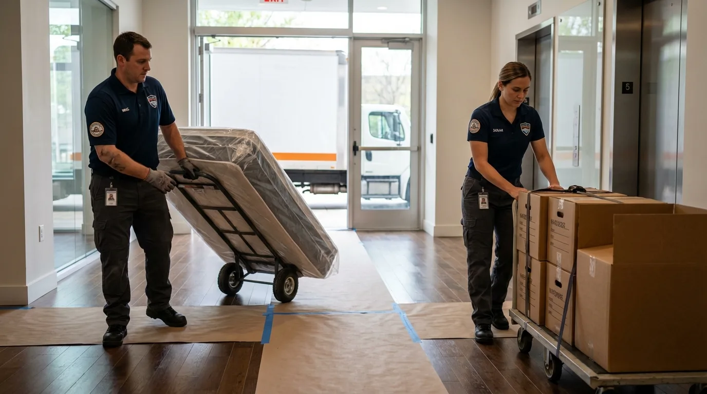 Professional apartment movers loading elevator in Star City, AR